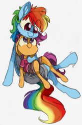 Size: 703x1066 | Tagged: safe, artist:xenon, rainbow dash, scootaloo, g4, clothes, scootalove, sitting on lap