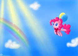 Size: 1053x758 | Tagged: safe, artist:sweetangeldelight, pinkie pie, g4, balloon, rainbow, then watch her balloons lift her up to the sky