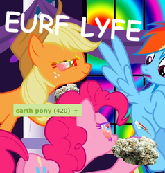 Size: 391x411 | Tagged: safe, applejack, pinkie pie, rainbow dash, earth pony, pony, derpibooru, g4, 420, comic sans, drugs, exploitable meme, junkie pie, marijuana, meta, pinkie high, tags, text