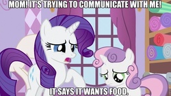 Size: 960x540 | Tagged: safe, rarity, sweetie belle, g4, image macro, roflbot, sweetiebuse