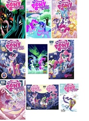 Size: 1366x1845 | Tagged: safe, idw, applejack, fluttershy, pinkie pie, princess cadance, princess celestia, queen chrysalis, rainbow dash, rarity, shining armor, spike, twilight sparkle, changeling, g4, appleling, changelingified, covers, text