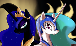 Size: 1151x697 | Tagged: safe, artist:dragk, nightmare moon, princess celestia, alicorn, pony, g4, accessory swap