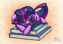 Size: 1291x900 | Tagged: safe, artist:imdrunkontea, twilight sparkle, g4, book, cute, sleeping, that pony sure does love books