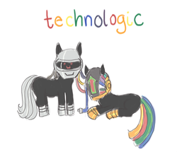 Size: 500x429 | Tagged: safe, artist:mothhugs, pony, clothes, daft punk, duo, full body, helmet, lying down, ponified, prone, side view, simple background, standing, white background