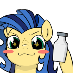 Size: 600x600 | Tagged: safe, artist:hazama, artist:rigi, edit, oc, oc only, oc:milky way, earth pony, pony, blush sticker, blushing, bottle, female, mare, milk bottle, solo, sparkly eyes, this will end in milking, trace, wingding eyes, you. me. x. now.