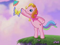 Size: 640x480 | Tagged: safe, screencap, rarity (g3), butterfly, pony, unicorn, g3, the runaway rainbow, bipedal, cliff, horn, too dumb to live