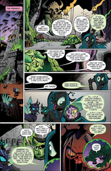 Size: 704x1079 | Tagged: safe, idw, official comic, apple bloom, fluttershy, megasoma, queen chrysalis, scootaloo, sweetie belle, tagma, twilight sparkle, changeling, changeling queen, earth pony, pegasus, pony, unicorn, g4, the return of queen chrysalis, spoiler:comic03, castle, changeling officer, cocoon, crystal ball, cutie mark crusaders, female, filly, mare, spaceballs the tag, unicorn twilight, wovey dovey land