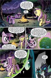 Size: 704x1079 | Tagged: safe, idw, official comic, fluttershy, megasoma, queen chrysalis, twilight sparkle, changeling, g4, the return of queen chrysalis, spoiler:comic, angry, campfire, changeling officer, crystal ball, forest