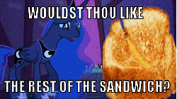 Size: 480x270 | Tagged: safe, edit, edited screencap, screencap, dj pon-3, princess luna, vinyl scratch, epic wub time, g4, luna eclipsed, animated, female, glorious grilled cheese, grilled cheese, image macro, male, sandwich, tears of joy