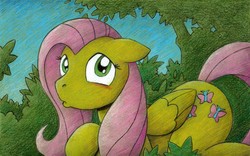 Size: 802x499 | Tagged: safe, artist:drakefenwick, fluttershy, pegasus, pony, g4, aside glance, blushing, bush, duckface, female, floppy ears, folded wings, looking at you, mare, open mouth, outdoors, raised hoof, solo, tree, wings