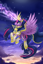 Size: 1500x2250 | Tagged: safe, artist:1jaz, twilight sparkle, alicorn, pony, g4, armor, cape, clothes, feathered wings, female, golden armor, magic, magic blast, mare, twilight sparkle (alicorn), wings