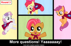 Size: 1024x672 | Tagged: safe, apple bloom, babs seed, scootaloo, sweetie belle, comic:celestia's servant interview, g4, caption, cutie mark crusaders, interview, meta