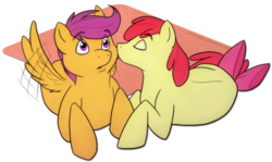 Size: 1024x610 | Tagged: safe, artist:arcticwaters, apple bloom, scootaloo, earth pony, pegasus, pony, g4, cheek kiss, duo, female, kissing, lesbian, mare, ship:scootabloom, shipping, wingboner