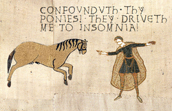 Size: 624x405 | Tagged: safe, human, pony, bayeux tapestry, bayeux tapestry meme, confound these ponies, insomnia, meme, text, ye olde butcherede englishe