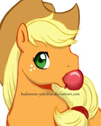 Size: 600x750 | Tagged: safe, artist:kudamono-yukiblue, applejack, earth pony, pony, g1, g4, apple, female, g4 to g1, generation leap, mouth hold, obligatory apple, solo