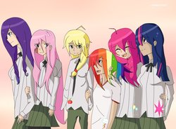 Size: 1600x1179 | Tagged: safe, artist:mdelcristo, applejack, fluttershy, pinkie pie, rainbow dash, rarity, twilight sparkle, human, g4, burned, crossover, humanized, katawa shoujo