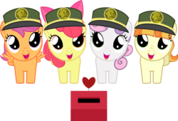Size: 1514x1030 | Tagged: safe, artist:chipmagnum, apple bloom, scootaloo, sweetie belle, tag-a-long, earth pony, pegasus, pony, unicorn, g4, apple bloom's bow, bow, clothes, cute, cutie mark crusaders, female, filly, filly guides, foal, freckles, hair bow, hat, heart, hnnng, looking at you, open mouth, simple background, spread wings, thin mint, transparent background, wings