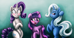 Size: 1600x818 | Tagged: safe, artist:pluckyninja, rarity, trixie, twilight sparkle, pony, unicorn, g4, blushing, butt, covering, hilarious in hindsight, hind legs, legs together, naked rarity, plot, twixity, we don't normally wear clothes