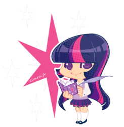 Size: 546x557 | Tagged: safe, artist:zimra-art, twilight sparkle, human, g4, book, chibi, clothes, cutie mark background, female, humanized, mary janes, pleated skirt, quill, shoes, skirt, socks, solo, sweater vest