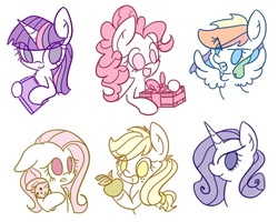 Size: 500x400 | Tagged: safe, artist:anggrc, applejack, fluttershy, pinkie pie, rainbow dash, rarity, twilight sparkle, g4, apple, book, bust, female, mane six, no pupils, plushie, present, profile, spread wings, wings