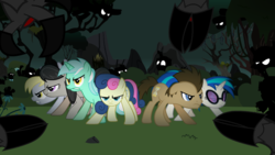 Size: 1280x720 | Tagged: safe, artist:mrflabbergasted, bon bon, derpy hooves, dj pon-3, doctor whooves, lyra heartstrings, octavia melody, sweetie drops, time turner, vinyl scratch, earth pony, pegasus, pony, unicorn, friendship is magic, g4, background pony, background six, dark, everfree forest, female, forest, male, mane six, mare, stallion