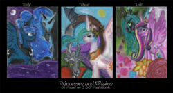 Size: 900x483 | Tagged: safe, artist:prismaya, discord, nightmare moon, princess cadance, princess celestia, princess luna, queen chrysalis, alicorn, changeling, draconequus, pony, g4, traditional art