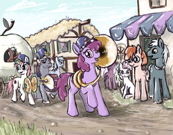 Size: 1280x996 | Tagged: safe, artist:agm, berry punch, berryshine, earth pony, pegasus, pony, unicorn, g4, drums, filly, float, marching band, musical instrument, parade, ponyville, tuba