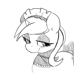 Size: 1000x1000 | Tagged: safe, artist:mewball, lyra heartstrings, pony, g4, bedroom eyes, blushing, clothes, female, maid, monochrome, simple background, solo