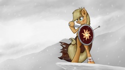 Size: 3413x1920 | Tagged: safe, artist:eugene-joe-c, applejack, earth pony, semi-anthro, g4, arrow, bandage, cape, clothes, female, injured, shield, snow, snowfall, solo, sword, warrior, weapon