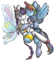 Size: 1156x1288 | Tagged: safe, artist:fireflyeievui, rainbow dash, rarity, g4, clothes, cosplay, crossover, dancing, dress, elesa, female, fuuro, glimmer wings, kamitsure, lesbian, pokémon, ship:raridash, shipping, skyla, traditional art