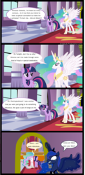 Size: 4873x10000 | Tagged: safe, artist:hatbulbproductions, princess celestia, princess luna, twilight sparkle, alicorn, pony, unicorn, g4, absurd resolution, butt, comic, female, glue, jewelry, magic, mare, plot, regalia, spread wings, unicorn twilight, wings