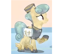 Size: 425x353 | Tagged: safe, screencap, golden hooves (g4), crystal pony, pony, g4, games ponies play, my little pony: friendship is magic, background pony, clothes, cropped, female, mailpony, mare, raised hoof, solo, uniform