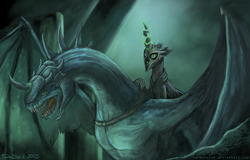 Size: 2700x1728 | Tagged: safe, artist:turbosolid, queen chrysalis, changeling, changeling queen, g4, crossover, fell beast, female, lord of the rings, nazgul, witch-king of angmar