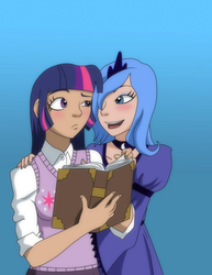 Size: 700x905 | Tagged: safe, artist:itanatsu-chan, princess luna, twilight sparkle, human, g4, female, humanized, lesbian, s1 luna, ship:twiluna, shipping