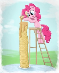 Size: 1760x2193 | Tagged: safe, artist:otakuap, pinkie pie, earth pony, pony, g4, dream, female, food, honey, ladder, pancakes, pile, smiling, solo, stack, stepladder, syrup, tongue out