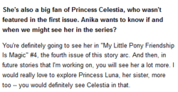 Size: 371x193 | Tagged: safe, idw, official comic, princess celestia, g4, interview, katie cook, text