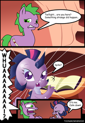 Size: 1685x2423 | Tagged: safe, artist:toongrowner, spike, twilight sparkle, dragon, g4, comic, dragoness, dragonified, female, male, ponified, ponified spike, role reversal, stallion, twilidragon