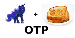 Size: 820x421 | Tagged: safe, princess luna, alicorn, pony, g4, bread, crown, ethereal mane, exploitable meme, food, glorious grilled cheese, grilled cheese, jewelry, joke shipping, otp, regalia, shipping, simple background, white background