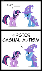 Size: 750x1250 | Tagged: safe, artist:mixermike622, trixie, twilight sparkle, g4, ableism, autism, casual, funny, funny as hell, hipster, internet