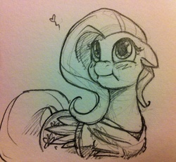 Size: 1280x1182 | Tagged: safe, artist:cobaltsnow, fluttershy, pony, g4, blushing, bottomless, clothes, cute, female, heart, monochrome, partial nudity, scrunchy face, sketch, solo, sweater, sweatershy, traditional art