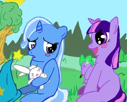 Size: 1280x1024 | Tagged: safe, artist:cluchey, angel bunny, spike, trixie, twilight sparkle, g4, blushing, female, filly, lesbian, ship:twixie, shipping