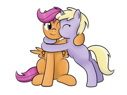 Size: 800x600 | Tagged: safe, artist:pvryohei, dinky hooves, scootaloo, pegasus, pony, unicorn, g4, cheek kiss, duo, female, filly, foal, hug, kissing, lesbian, on hind legs, one eye open, ship:dinkyloo, shipping, simple background, sitting, white background