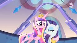 Size: 903x504 | Tagged: safe, screencap, princess cadance, rarity, alicorn, pony, unicorn, g4, games ponies play, concave belly, duo, female, hub logo, mare, slender, thin