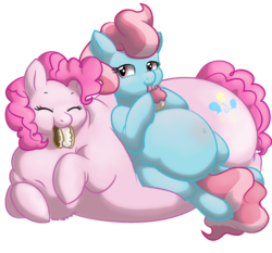 Size: 700x651 | Tagged: safe, artist:redintravenous, cup cake, pinkie pie, earth pony, pony, g4, belly, belly bed, belly blush, big belly, chubby cheeks, cupcake, cute, cute cake, dessert, diapinkes, duo, duo female, eating, eclair, eyes closed, fat, feeding, female, impossibly large belly, mare, morbidly obese, obese, piggy pie, pudgy pie, thick cup cake, weight gain