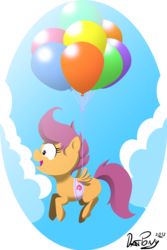 Size: 2000x3000 | Tagged: safe, artist:datponypl, scootaloo, pegasus, pony, g4, balloon, cloud, female, filly, floating, scootaloo can't fly