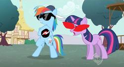 Size: 847x459 | Tagged: safe, edit, edited screencap, screencap, rainbow dash, twilight sparkle, pegasus, pony, unicorn, g4, may the best pet win, 1s th1s you, coach rainbow dash, dave strider, duo, female, homestuck, hub logo, mare, sunglasses, terezi pyrope, unicorn twilight