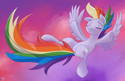 Size: 5100x3300 | Tagged: safe, artist:sirpayne, rainbow dash, pegasus, pony, g4, eyes closed, falling, female, mare, signature, sky, solo, spread wings, underhoof, wings