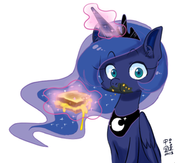 Size: 500x465 | Tagged: safe, artist:chinad011, princess luna, pony, g4, caught, eating, female, food, glorious grilled cheese, grilled cheese, looking at you, magic, pixiv, signed, simple background, sitting, solo