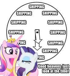 Size: 418x455 | Tagged: safe, princess cadance, rarity, alicorn, pony, unicorn, g4, bedroom eyes, clock, female, infidelity, just look at the time, lesbian, looking at each other, mare, meme, raridance, shipping, smiling