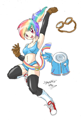 Size: 2213x3299 | Tagged: safe, artist:danmakuman, rainbow dash, human, g4, armpits, belly button, cleavage, clothes, converse, female, humanized, midriff, shoes, sneakers, socks, solo, sports bra, thigh highs